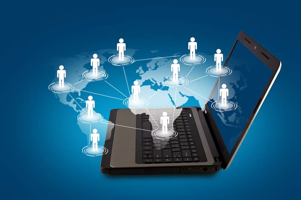 Digital illustration of a laptop connected to various user icons across a stylized world map, symbolizing global connectivity.