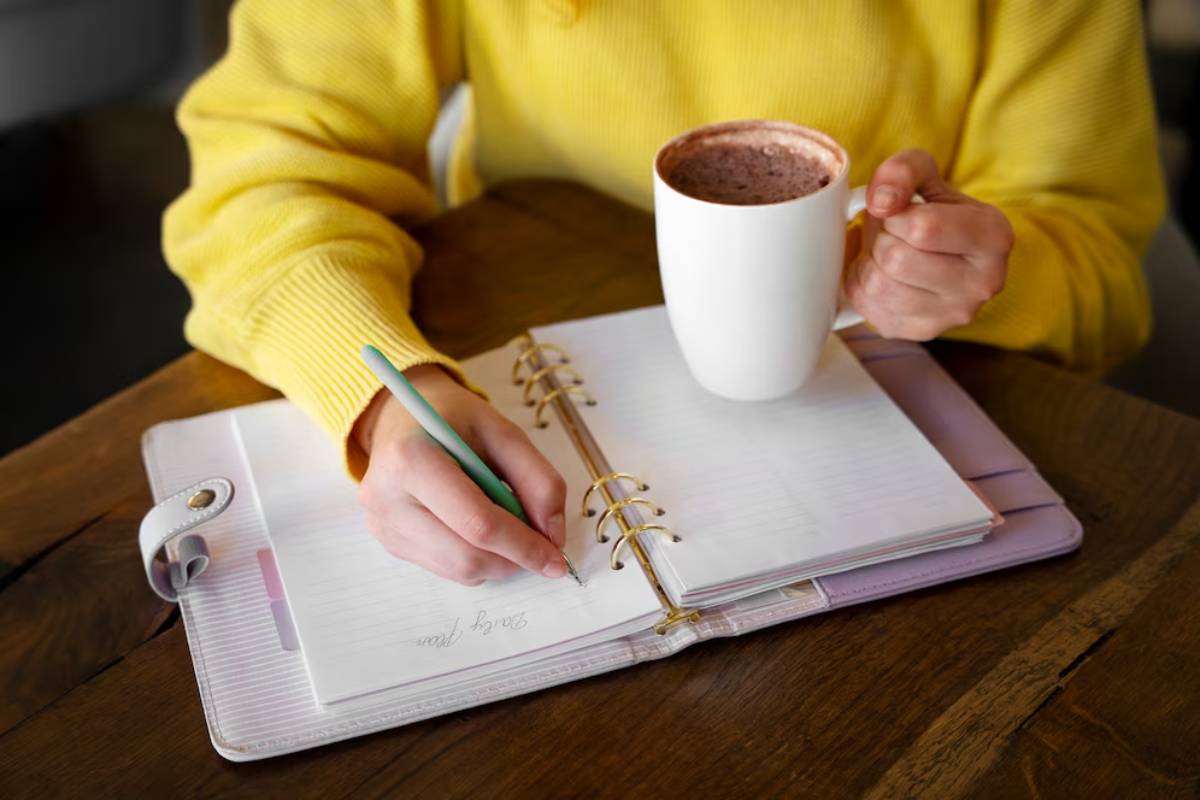 Person in yellow sweater writing in notebook and holding a mug of hot chocolate.