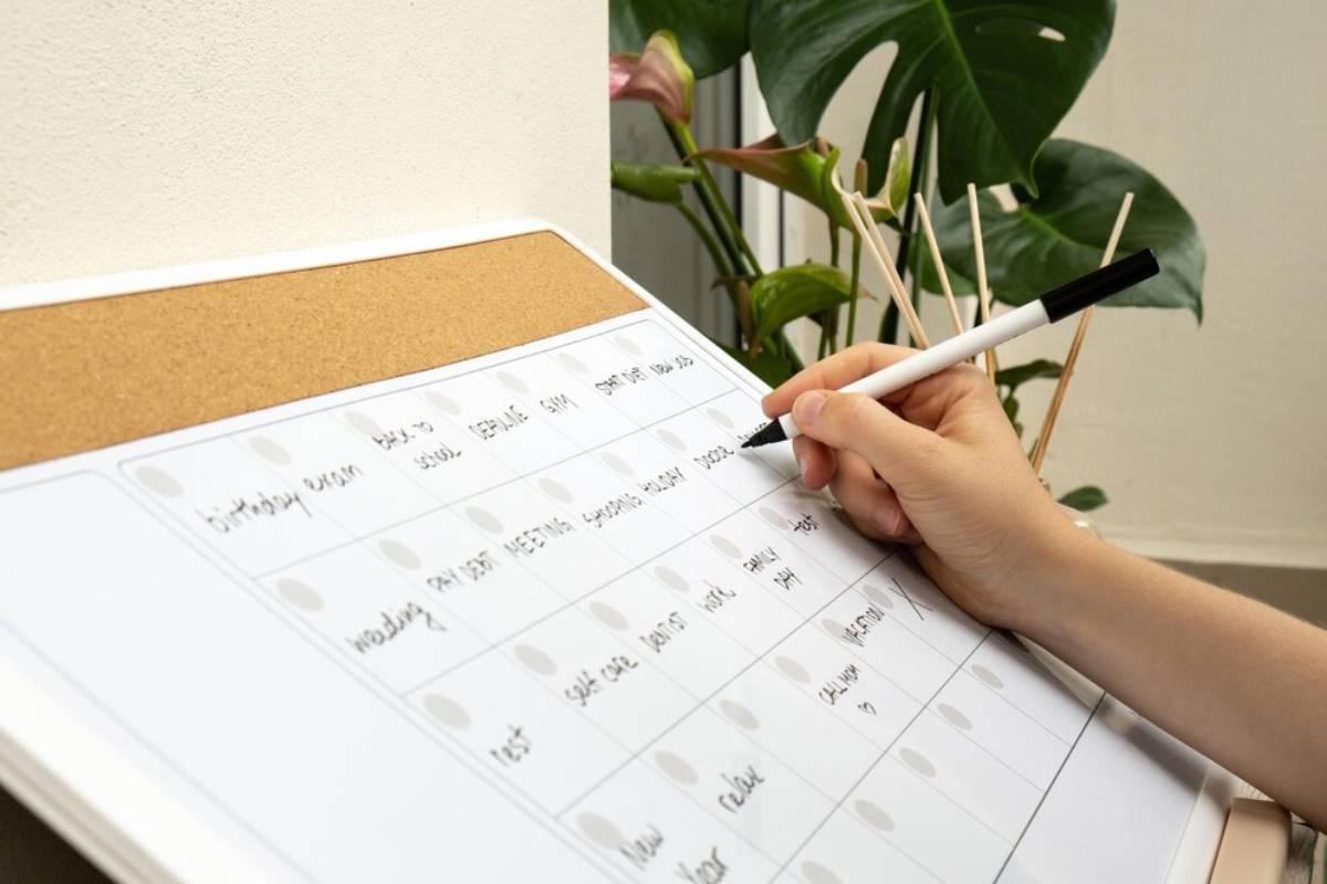 Person writing in a planner with dates and appointments, near indoor plants and a clipboard.