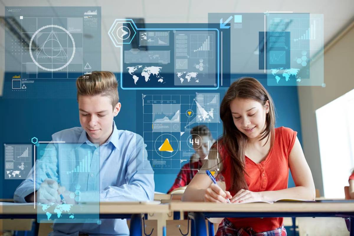 Two students, a boy and a girl, engage with futuristic digital learning tools in a classroom.