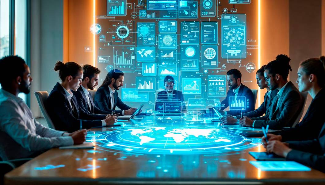 Group of professionals in a meeting with futuristic digital interface displaying data and global maps on a table.