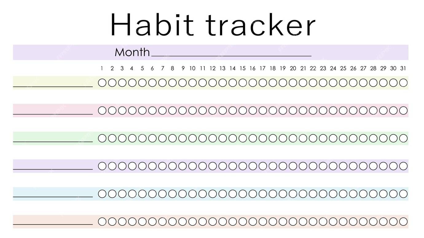 Habit tracker chart with colored rows of circles marking days of the month for tracking habits.