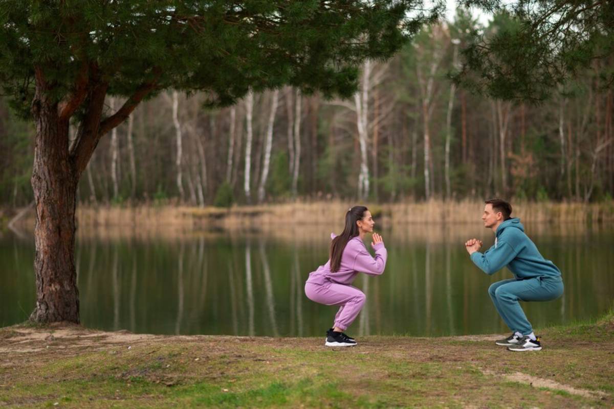 Two people in athletic wear squat facing each other beside a lake, with a pine tree and forest in the background.