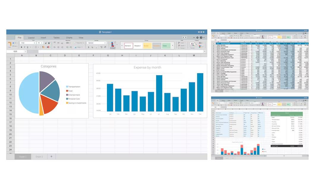 Screen showing multiple spreadsheet windows with pie chart, bar graph, and extensive data tables related to financial analysis.