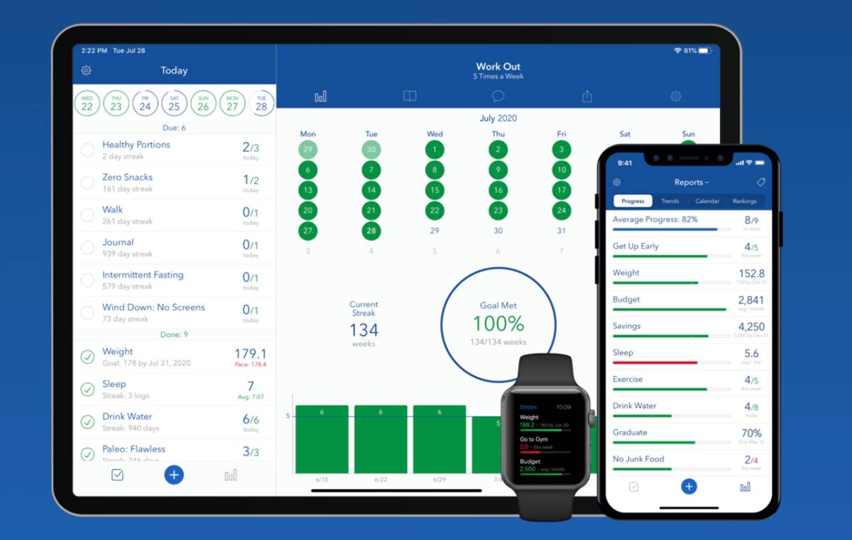 Graphic showing a tablet, smartphone, and smartwatch displaying various health and fitness tracking apps.