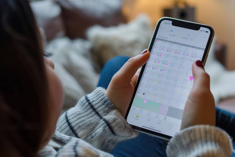 Person checking a calendar on a smartphone while lounging on a couch.