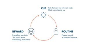 Diagram illustrating the habit loop: Cue initiates the habit, Routine is the response, and Reward reinforces the behavior.